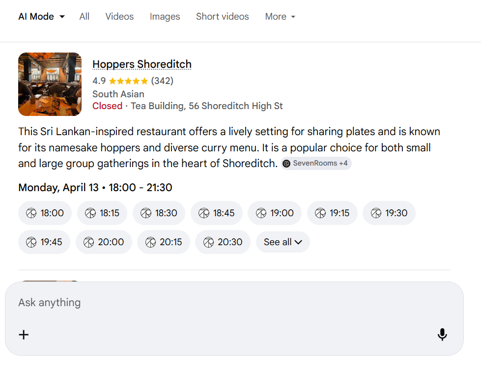 Booking a restaurant table with Google's AI mode