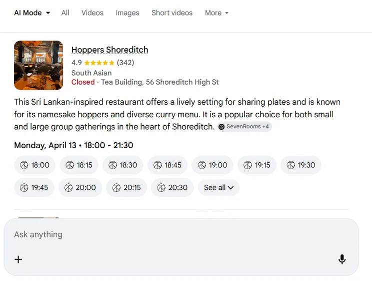 Booking a restaurant table with Google's AI mode