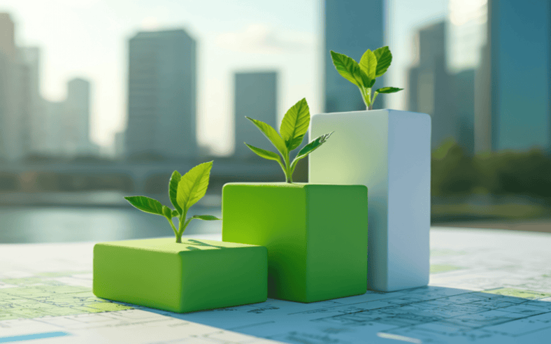 Green leaf shoots on a graph, in front of a cityscape.