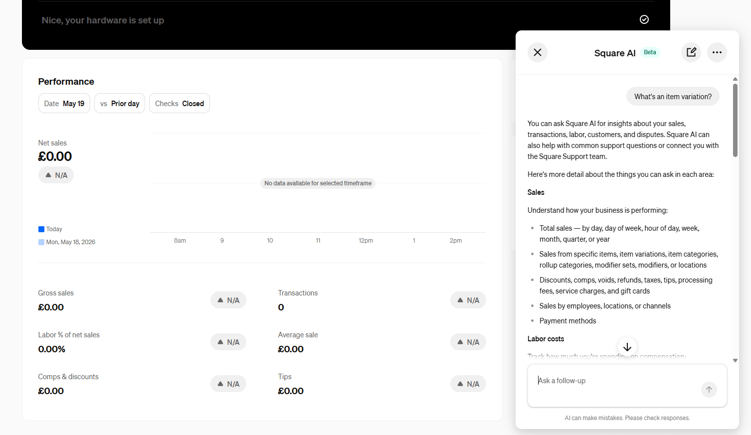 A screenshot of Square's interface, including a chat window with Square AI.