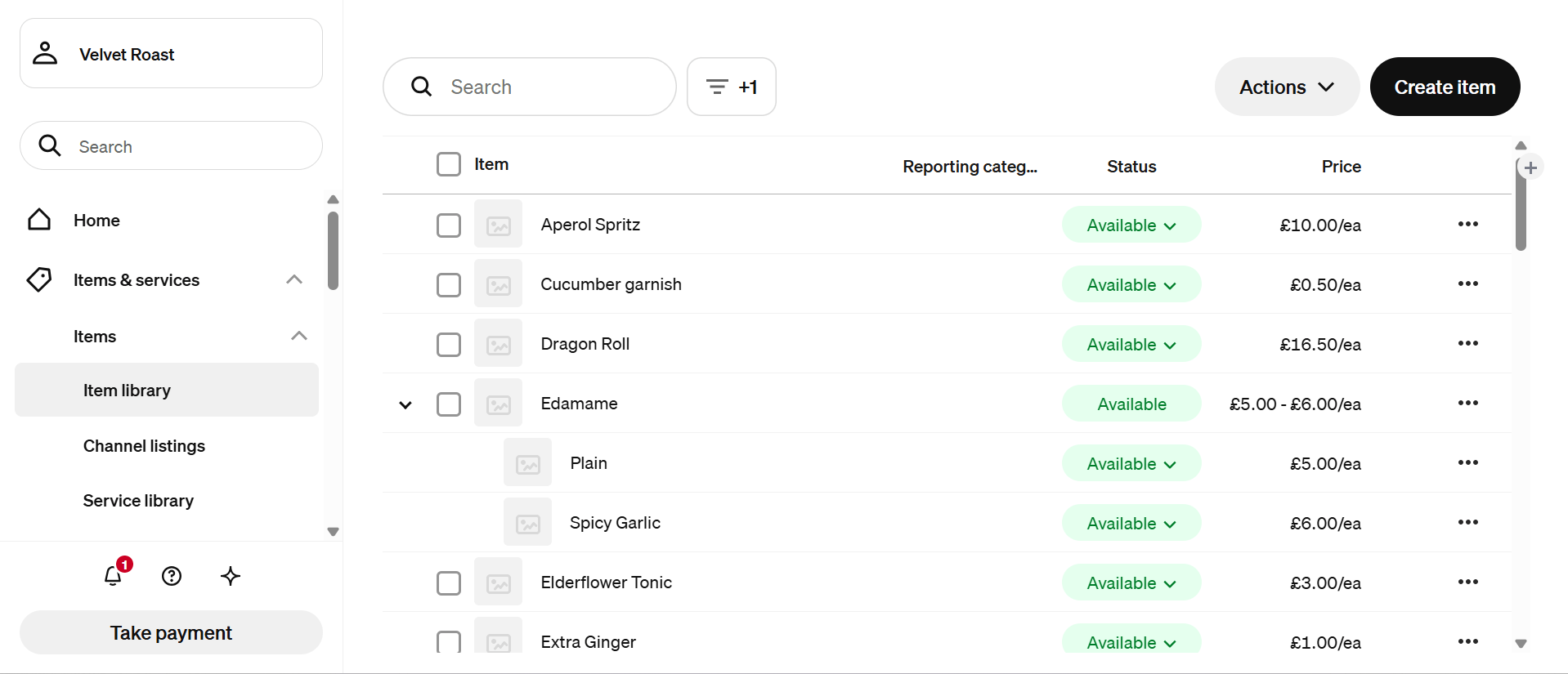A screenshot of the backend interface of Square's POS, listing food and drink items. 
