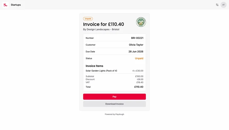 Create invoices customised with your businesses branding and a custom payment link, using the Startups Business Toolkit