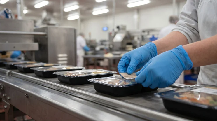 Worker putting a label on food on a factory line
