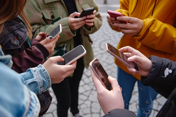 Circle of teenagers holding smartphones - Multicultural young individuals using mobile phones outdoors - Concept of teenagers addicted to new technology