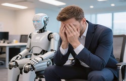man with robot in office