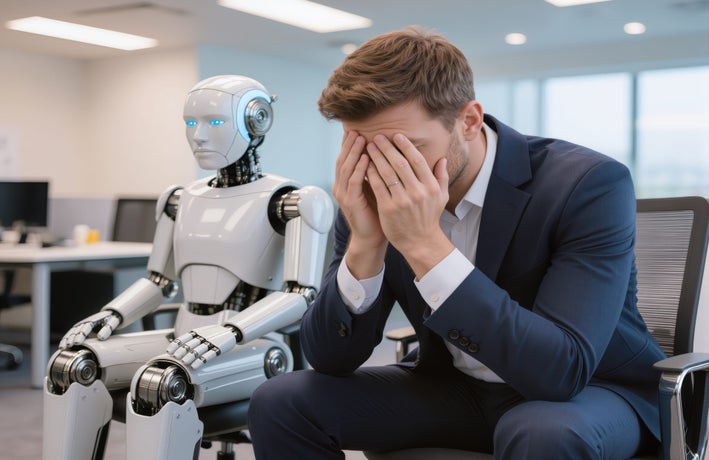 man with robot in office