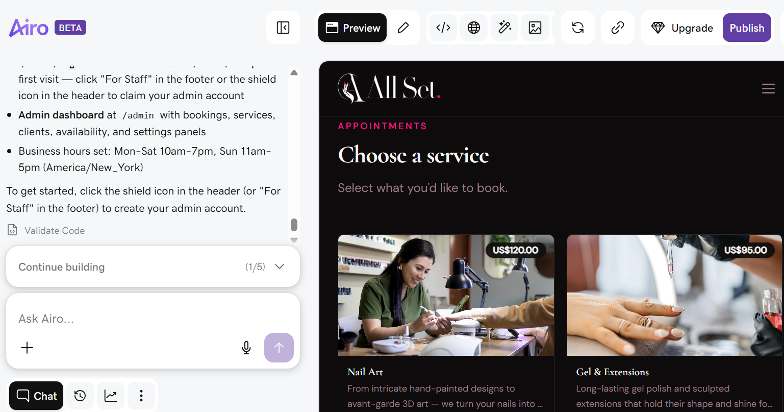 GoDaddy Airo conversation showing website preview to the right