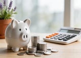 A piggy bank, coins and a calculator.