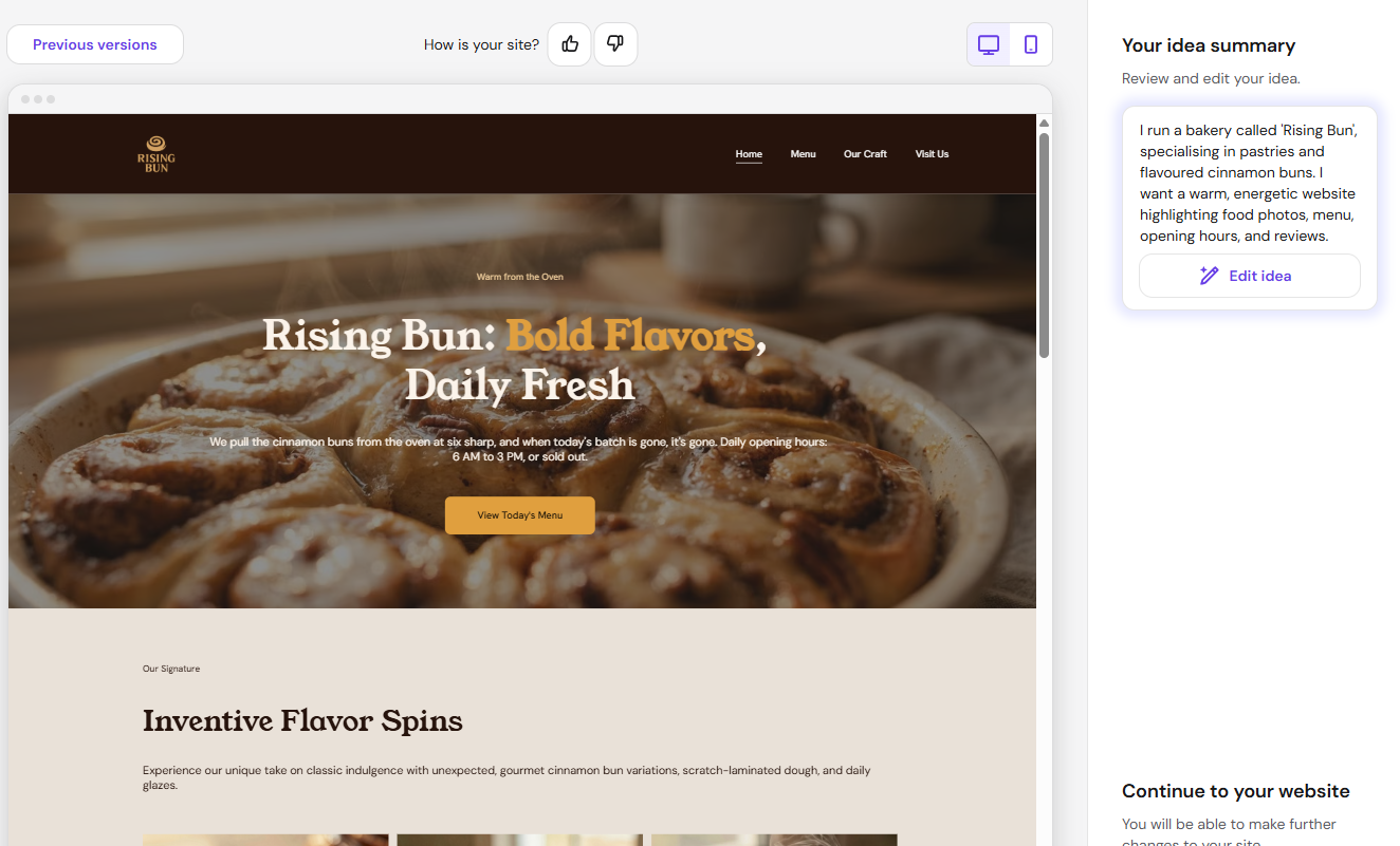 Hostinger AI website builder prompt with preview of website design