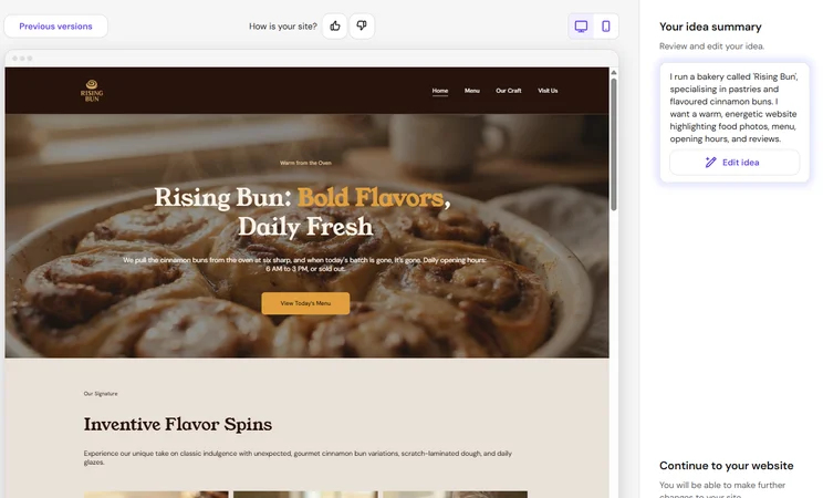 Hostinger AI website builder prompt with preview of website design