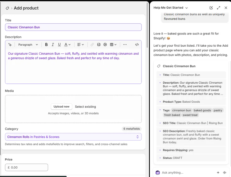 Shopify Sidekick product description for a cinnamon bun