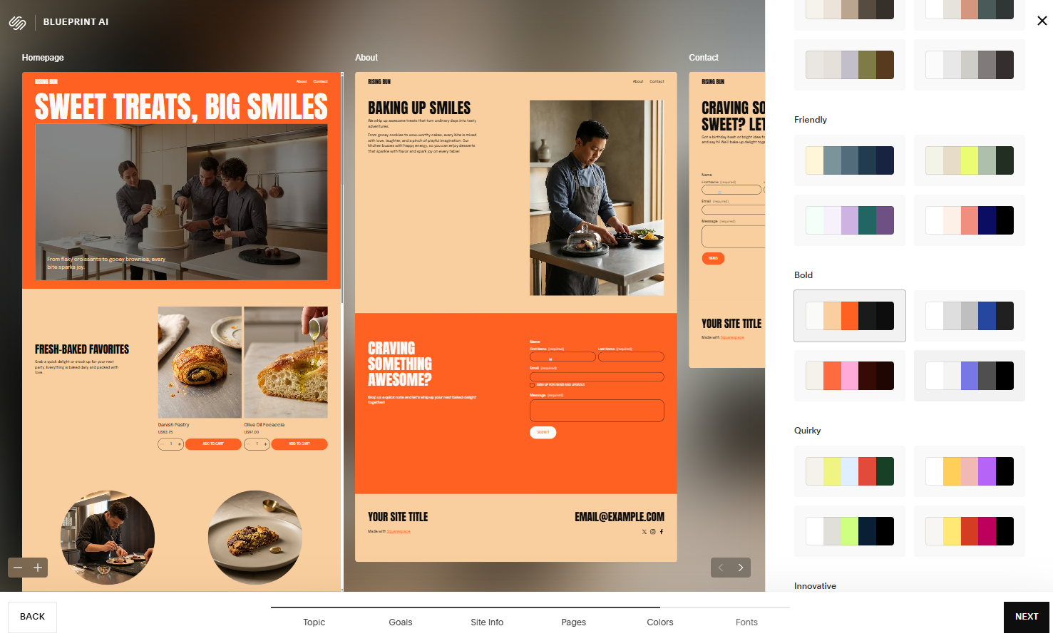 Squarespace Blueprint AI colour palette options and preview