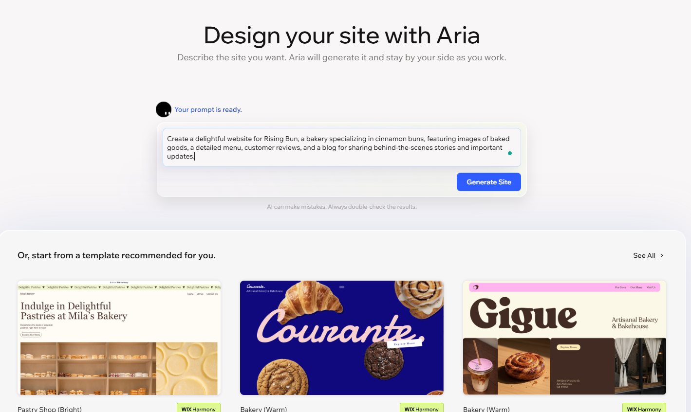 Wix Harmony Aria prompt box and bakery templates