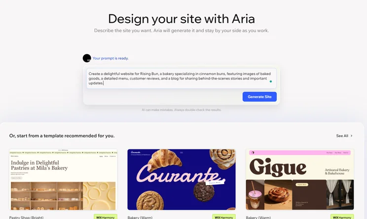 Wix Harmony Aria prompt box and bakery templates