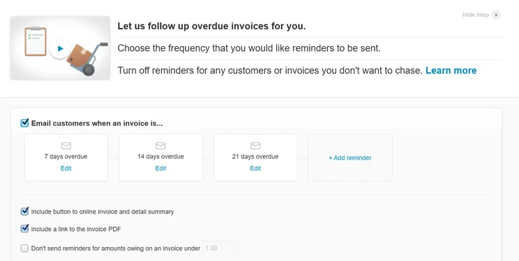 Settings screen for automated invoice reminders, showing options to schedule email follow-ups for overdue invoices at 7, 14, and 21 days. 