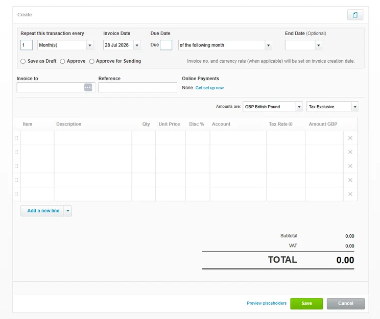 Creation form for a repeating invoice in Xero accounting software, featuring fields for schedule frequency, recipient details, and an empty line-item table in GBP. 