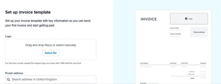 Screen setup for an invoice template showing options to upload a logo and enter a UK postal address on the left, with a live document preview on the right.