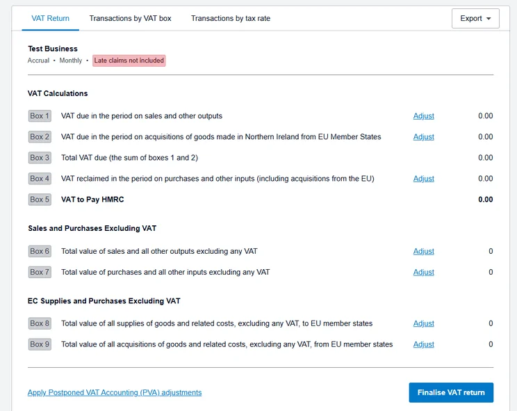 A UK VAT Return form in Xero showing Boxes 1 through 9 for VAT calculations, net sales/purchases, and EC supplies, all currently displaying zero values with options to adjust. 