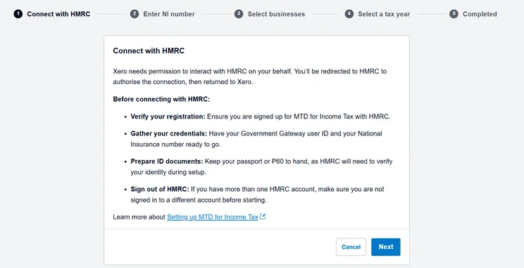 Step 1 of a 5-step setup in Xero for connecting to HMRC for Making Tax Digital for Income Tax (MTD ITSA), displaying prerequisite instructions before proceeding.