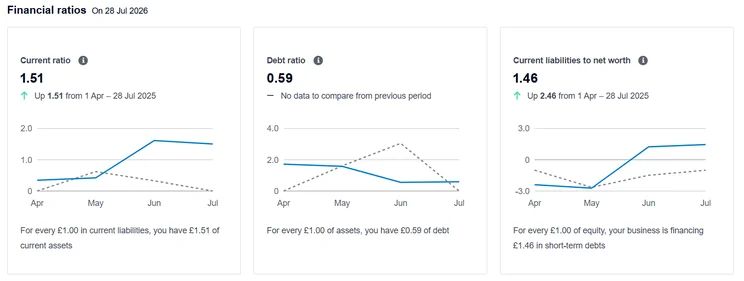 Financial ratios dashboard displaying cards for Current Ratio (1.51), Debt Ratio (0.59), and Current Liabilities to Net Worth (1.46) with trend graphs from April to July.