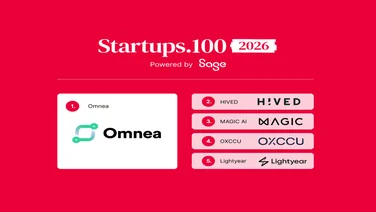 The Startups 100 Index 2026 top five winners on red background. 1. Omnea, 2. Hived, 3. Magic AI. 4. OXCCU, 5. Lightyear