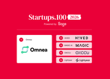 The Startups 100 Index 2026 top five winners on red background. 1. Omnea, 2. Hived, 3. Magic AI. 4. OXCCU, 5. Lightyear