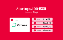The Startups 100 Index 2026 top five winners on red background. 1. Omnea, 2. Hived, 3. Magic AI. 4. OXCCU, 5. Lightyear