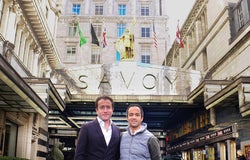 Nightly.travel co-founders Santiago Navarro and David Ferreira outside the Savoy hotel